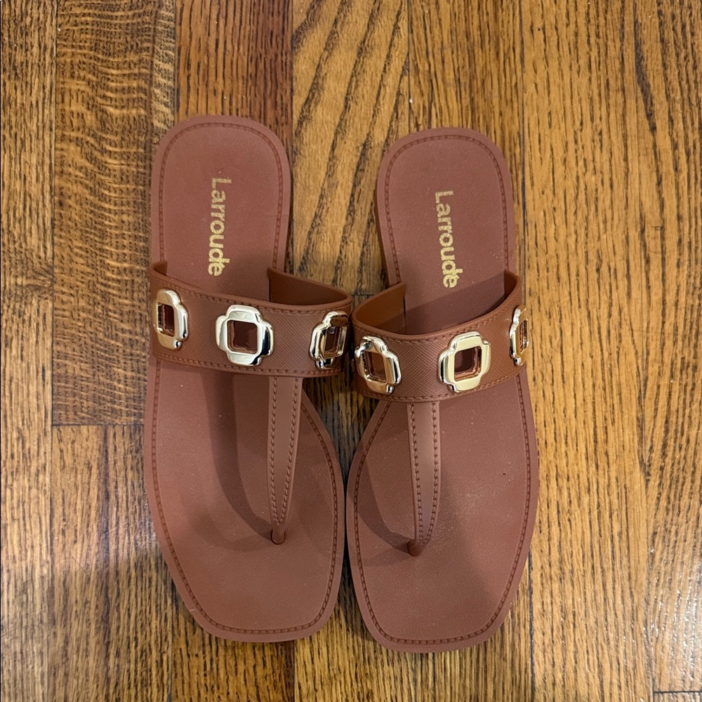 Larroude Tan Sandals with Gold Accents